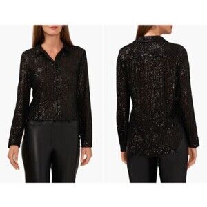 Hyfve Womens S Black Metallic Glitter Long Puff Sleeve Fringe Top Holiday Glam